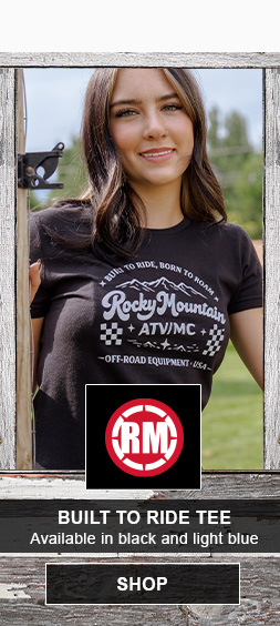 Rocky Mountain ATVMV Built to Ride Tee, available in black and light blue, SHOP